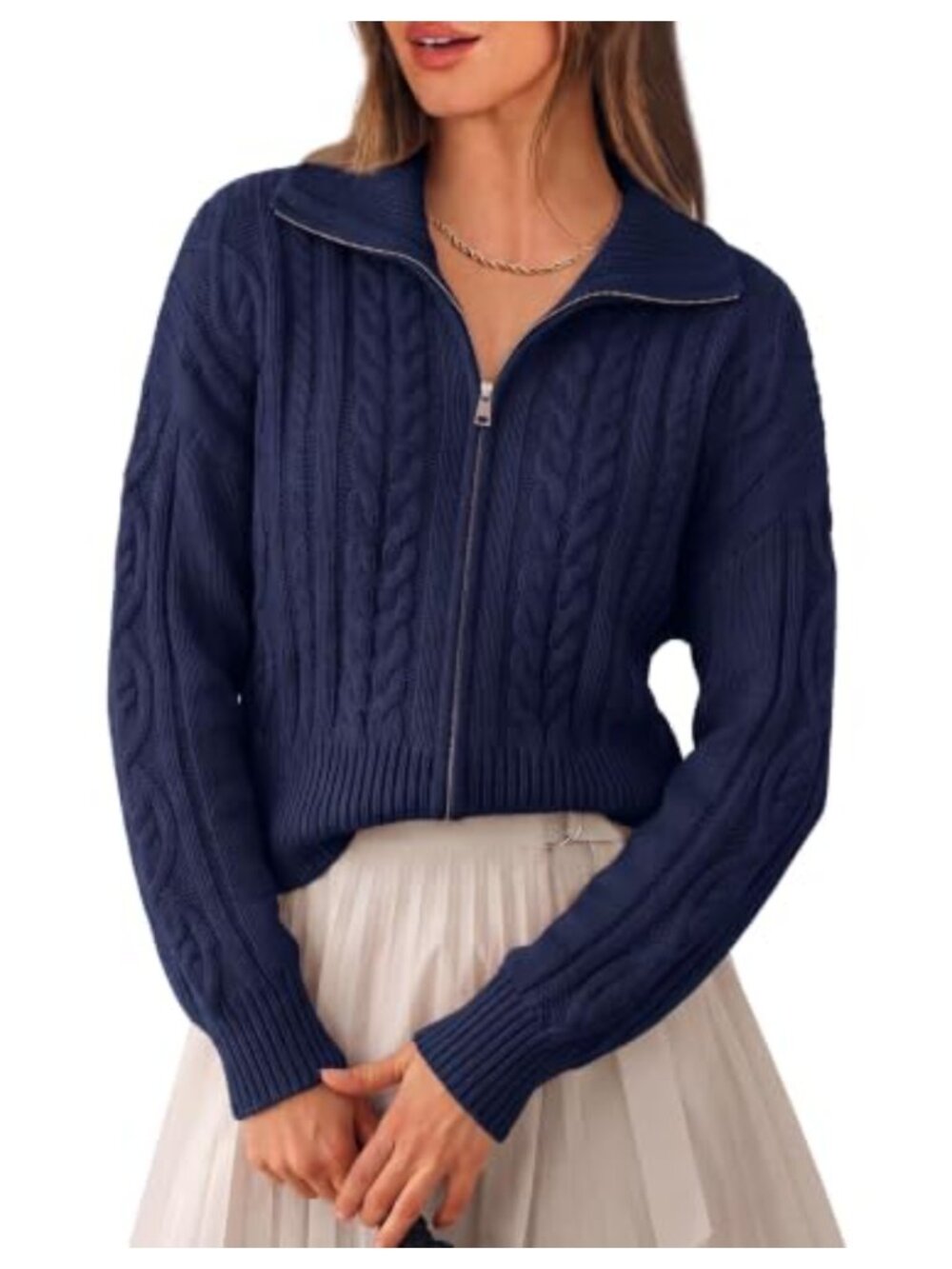 Cable Knit Cropped Cardigan Sweater with Zipper, Long Sleeve, Relaxed Fit